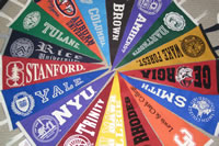A colorful array of college pennants arranged in a circle.