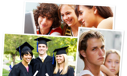 A collage of photos shows young adults in various settings.